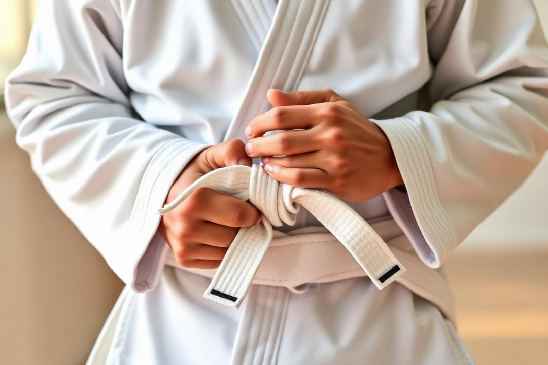 Aluno iniciante amarrando a faixa branca do kimono pela primeira vez