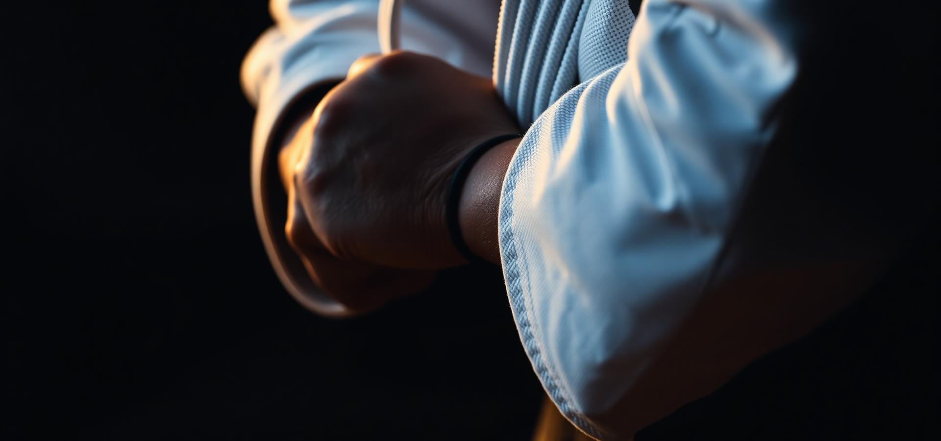 Mãos segurando a lapela de um kimono de Jiu-Jitsu durante treino