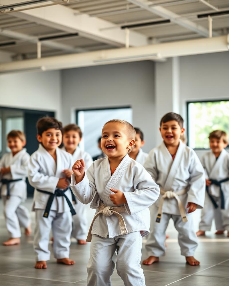 Aula de Jiu-Jitsu Infantil com crianças sorrindo