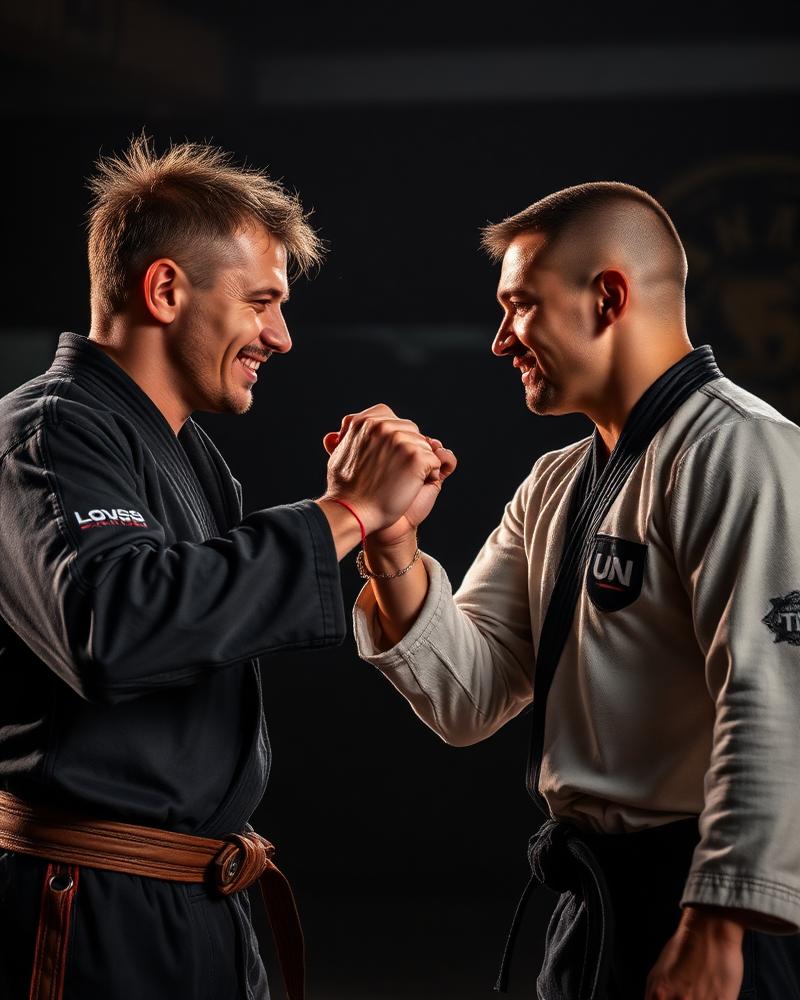 Alunos se cumprimentando após treino de Jiu-Jitsu