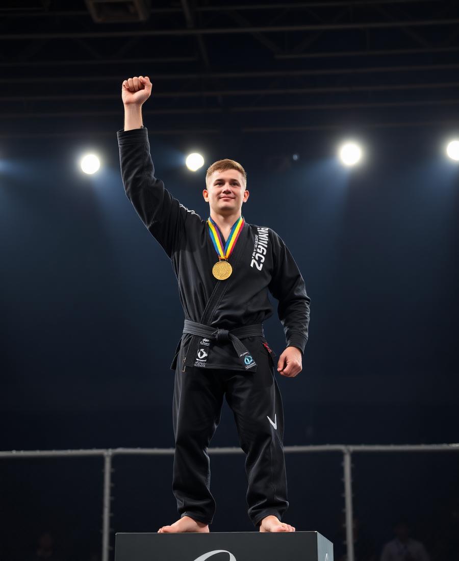 Atleta de Jiu-Jitsu no pódio com medalha de ouro em competição