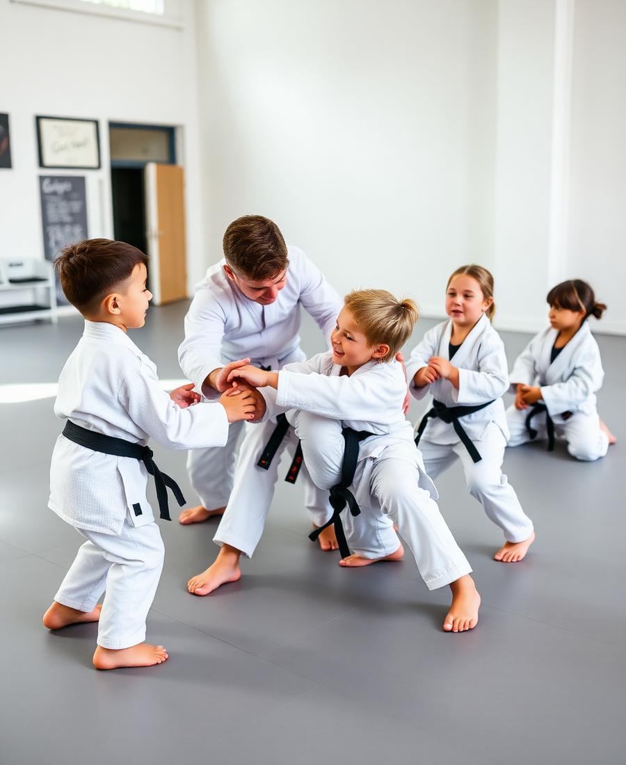 Aula de Jiu-Jitsu Infantil em Penha com crianças de kimono branco
