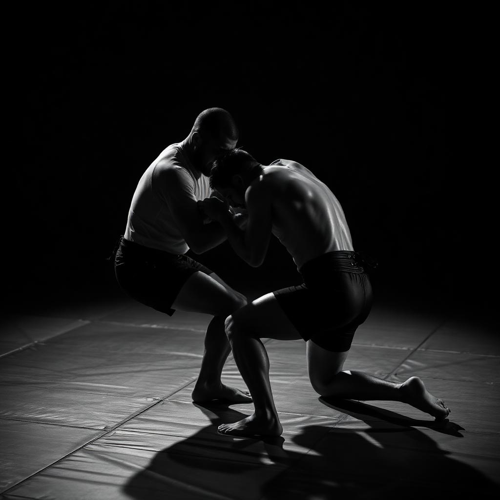 Atletas treinando Jiu-Jitsu No-Gi, sem kimono, com rashguard e shorts